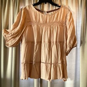 Bohemian 3/4 length sleeve babydoll blouse. Soft Beige pink.